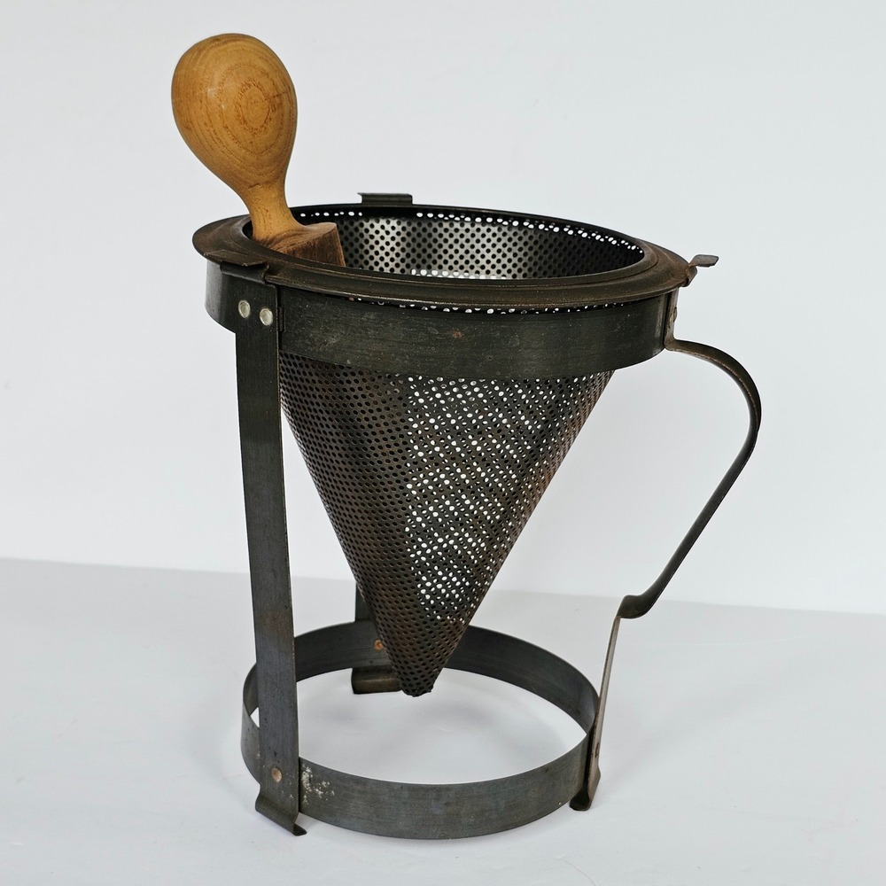 Vintage Metal Chinois Strainer Conical Sieve Stand Wood Pestle Primitive Rustic